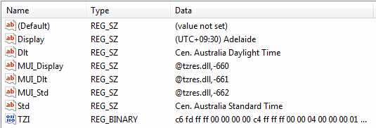 Regedit showing cryptic binary field for time zone configuration
